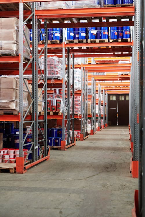 shelves of products in a warehouse