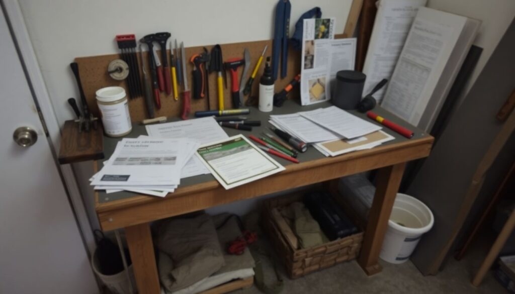 A messy workbench with various tools and documents. Under the table, a basket holds folded items, and two buckets are on the floor.