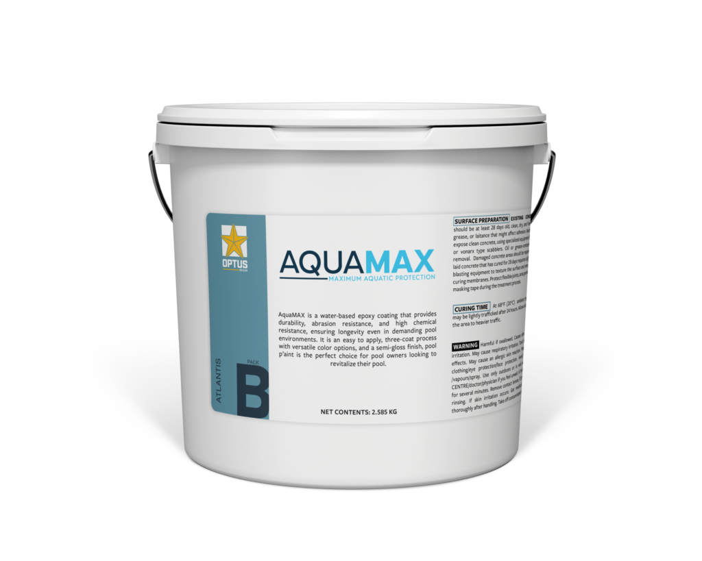 A white bucket of Optus Resin AquaMAX, a water-based epoxy pool coating. The label features blue and white branding, a gold star logo, and "Atlantis Pack B" text, along with technical instructions for surface preparation and curing.