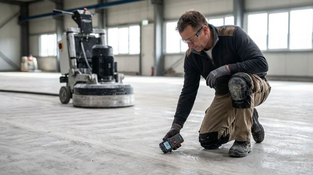 Contractor wearing safety glasses and kneepads kneels on a large, prepared concrete floor in a warehouse to use a handheld digital moisture meter. In the background, a large concrete grinding machine is visible.
