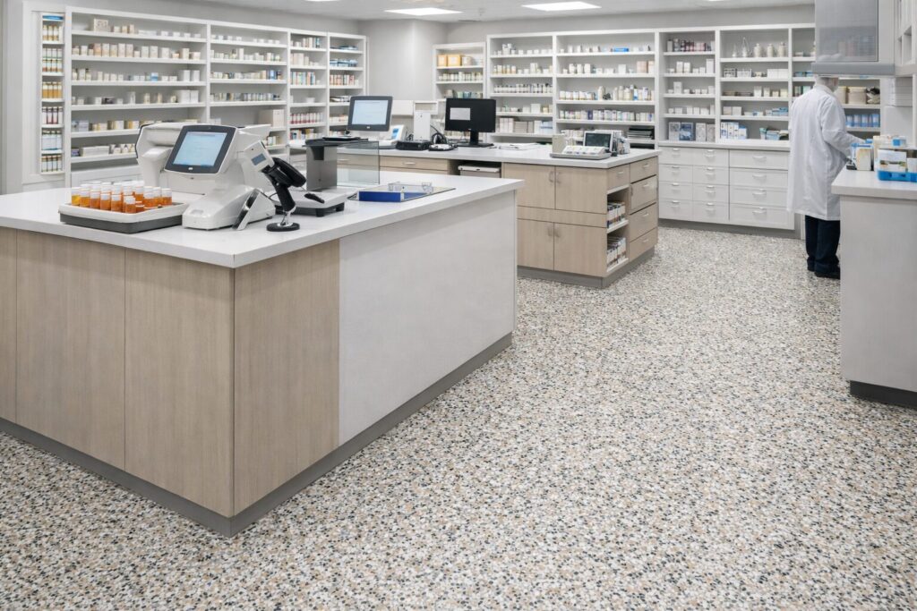 A commercial pharmacy featuring a seamless, speckled terrazzo floor. The interior includes multiple wood-paneled service counters with computer monitors and trays of prescription bottles. In the background, white floor-to-ceiling shelves are stocked with medication.