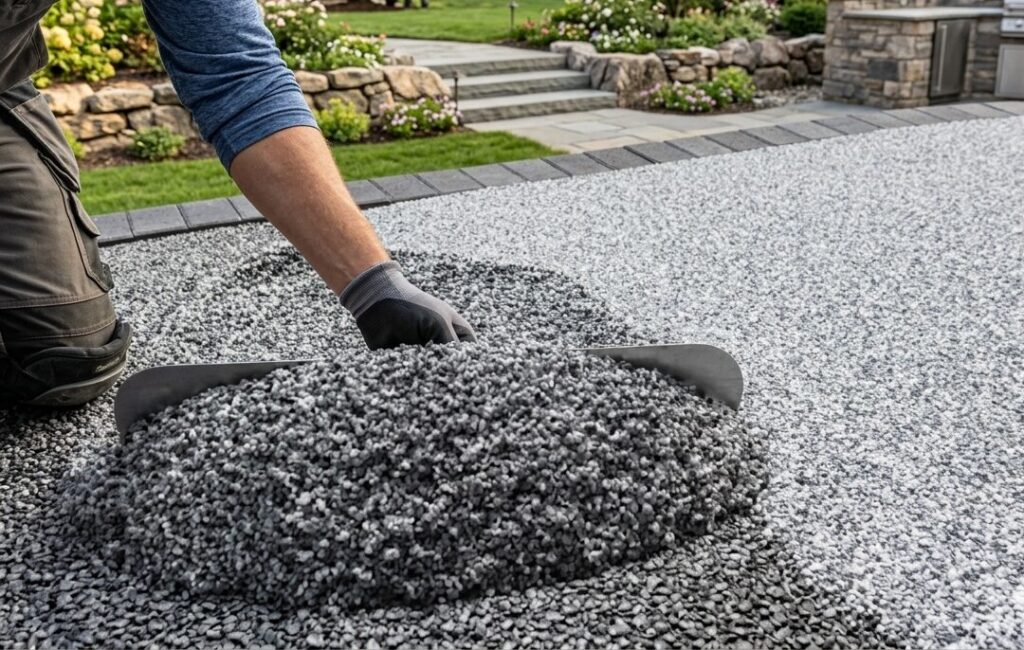 A close-up, ground-level shot captures an installer’s arm as they use a long metal trowel to level a pile of grey resin-bound gravel. The background features a high-end residential backyard with a lush green lawn and professional landscaping.