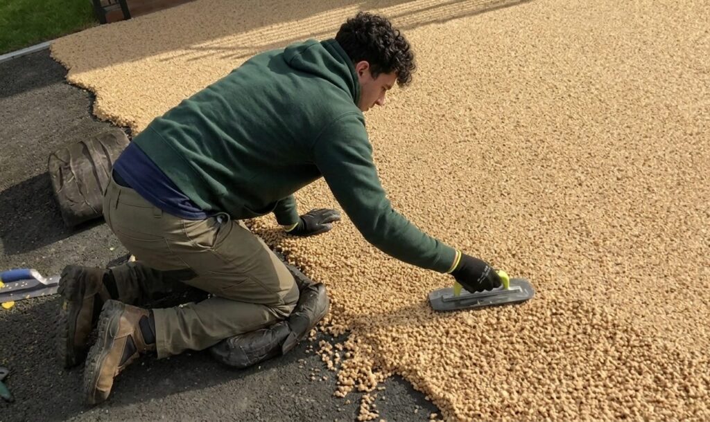 A high-angle, medium shot shows a male installer with dark, curly hair kneeling on a black asphalt surface while spreading tan-colored resin-bound gravel. He is wearing a dark green hoodie, olive-colored cargo work pants, black gloves with yellow accents, and sturdy brown work boots. Using a metal hand trowel, he smooths the thick layer of small, rounded beige stones across the driveway. The scene captures a partially completed section of the resin flooring, with loose gravel scattered at the edge where he is working.