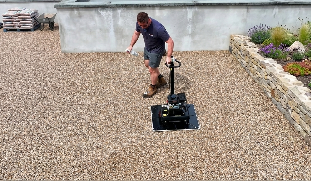 A man in a navy t-shirt and grey shorts is operating a Glidabull. He holds the machine's handle with one hand and a water bottle in the other while guiding it across the resin bound stone system. In the background, there is a low stone retaining wall with plants, a concrete wall, a wheelbarrow, and stacked bags of materials.